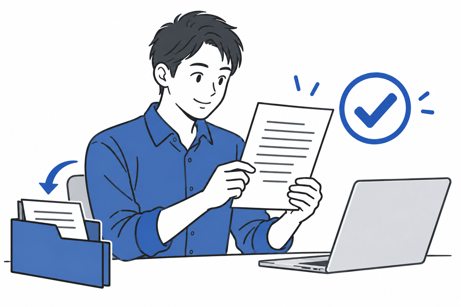 完成した文書を確認する男性とチェックマーク